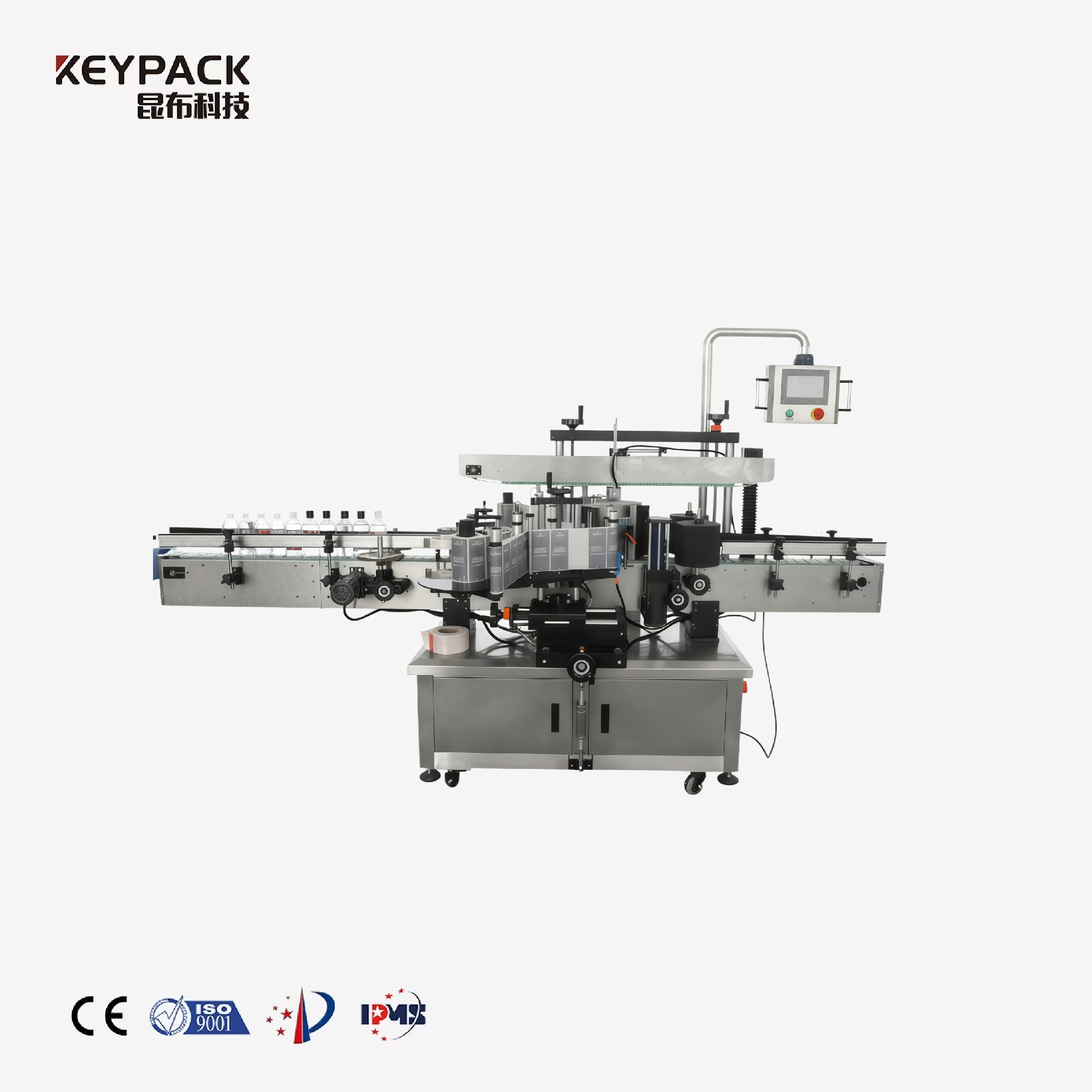 Double-sided labeling machine with dual applicator heads for front and back bottle labeling