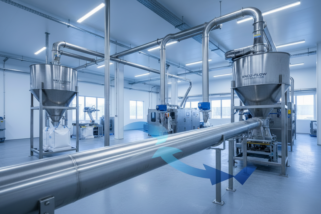 Pneumatic vacuum conveying system transferring powder through enclosed pipelines to reduce dust and manual feeding in a packaging line