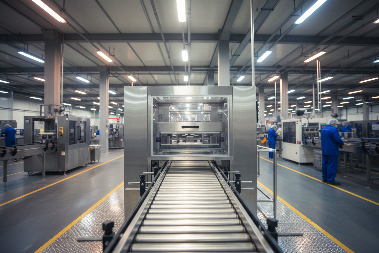 Soft lid sealing machine applying flexible lids onto food cups and cans on an automated container packaging line