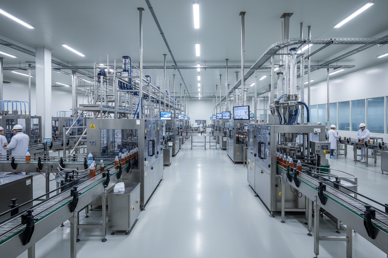 Rotary servo positioning filling machine filling bottles with liquid, paste, and sauce products on an automated bottle packaging line