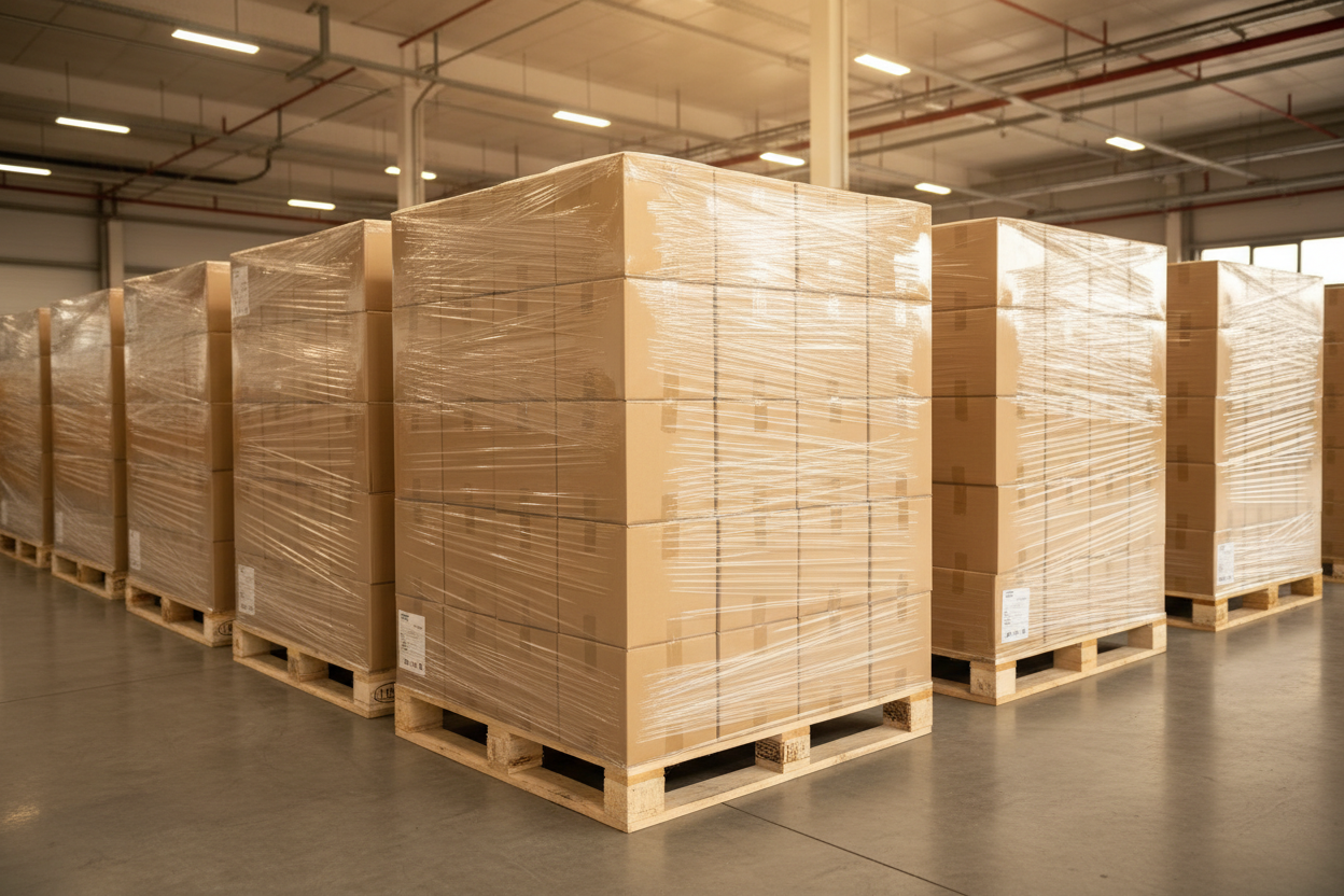 Automatic wrapping machine for end-of-line packaging — film wrapping, product bundling, and shipment preparation for food, cosmetic, pharmaceutical, and industrial factories