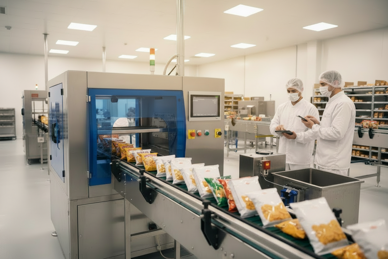 Food metal detector on a snack packaging conveyor line inspecting sealed bags for metal contamination
