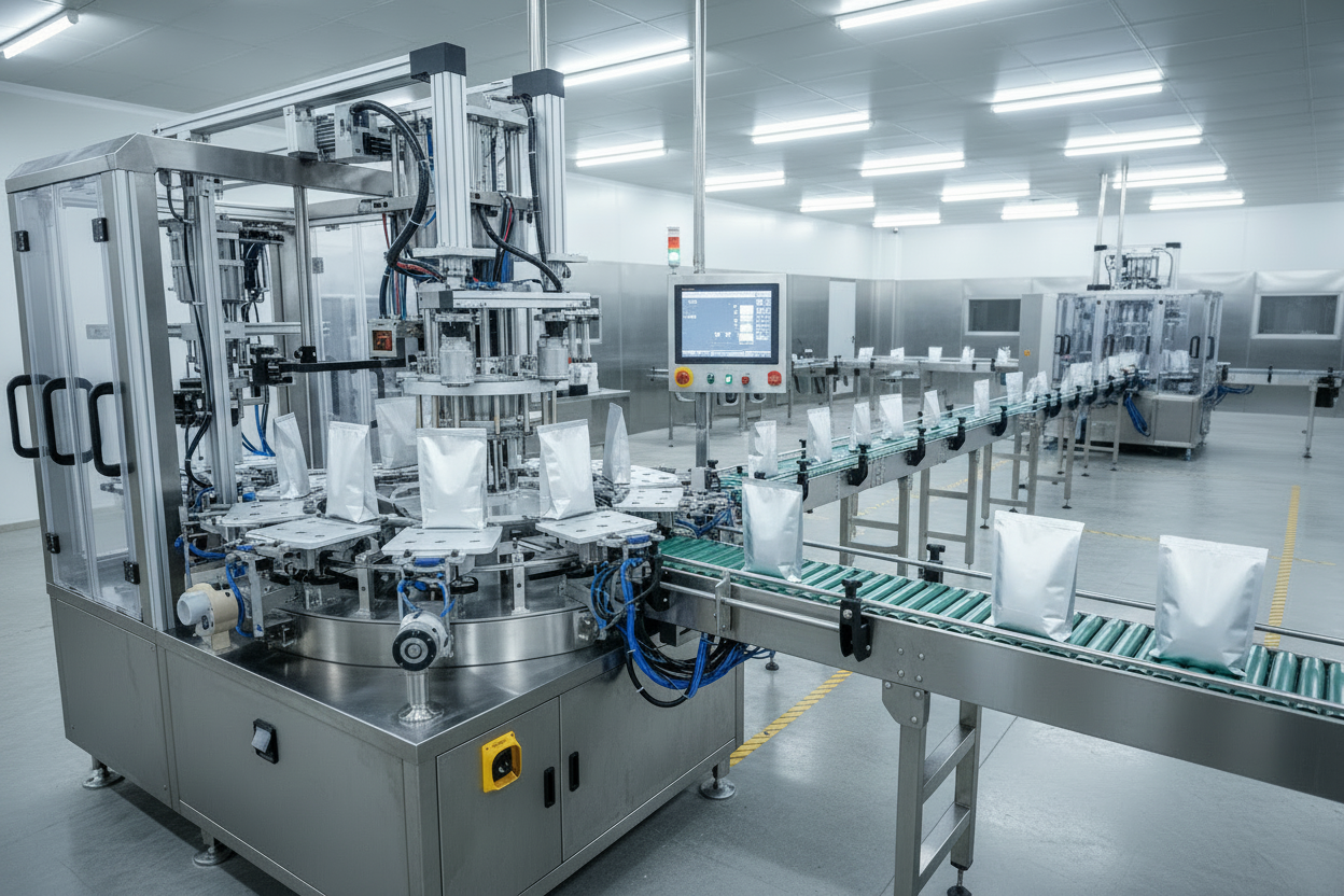 Rotary premade bag packaging machine automating pouch filling and sealing for food production lines