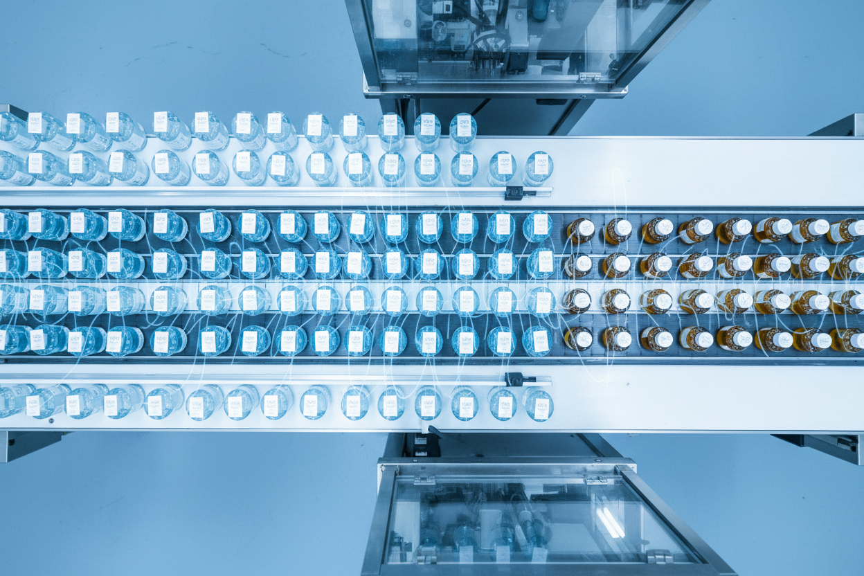 Static electricity buildup on PET bottles causing label misplacement and contamination on a high-speed bottling line
