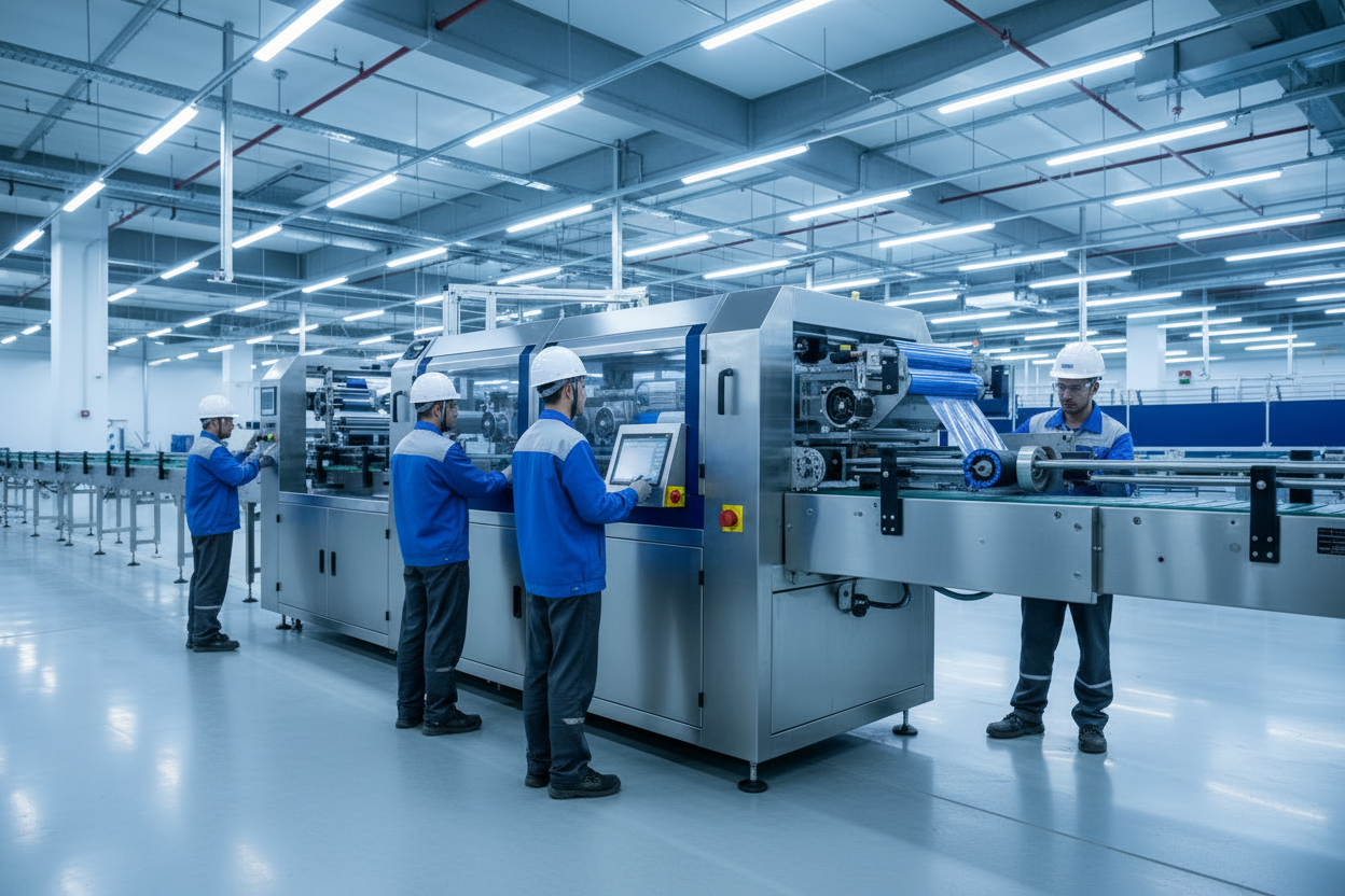 Horizontal flow wrapper machine sealing snack products into pillow packs on a high-speed conveyor packaging line