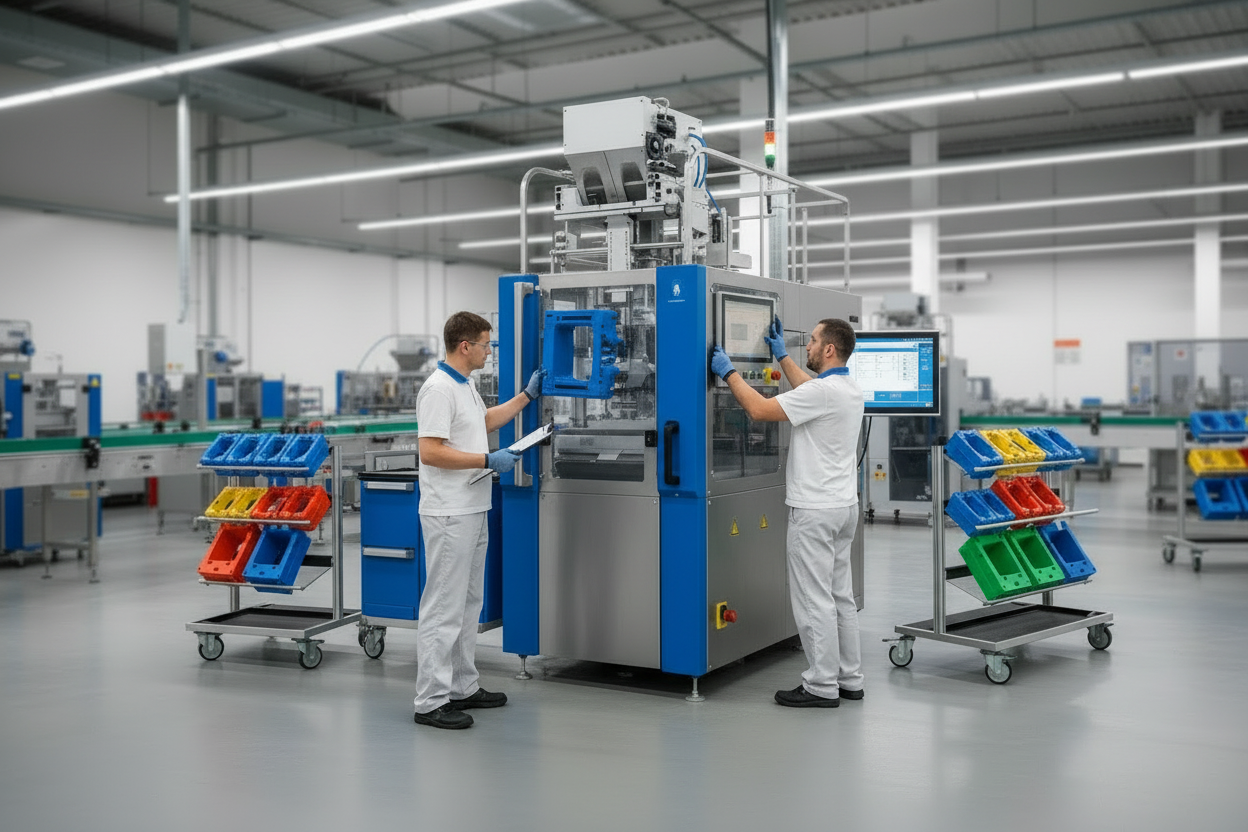 Multi-SKU packaging line changeover showing VFFS machine, touchscreen recipe selection, and modular conveyor system for faster product switching
