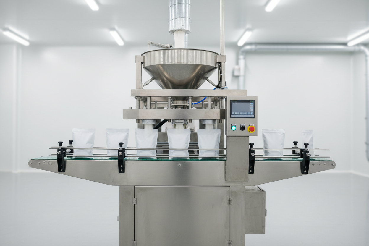 Complete protein powder packaging line showing auger filler, VFFS bagging machine, checkweigher, and metal detector for food-grade powder production