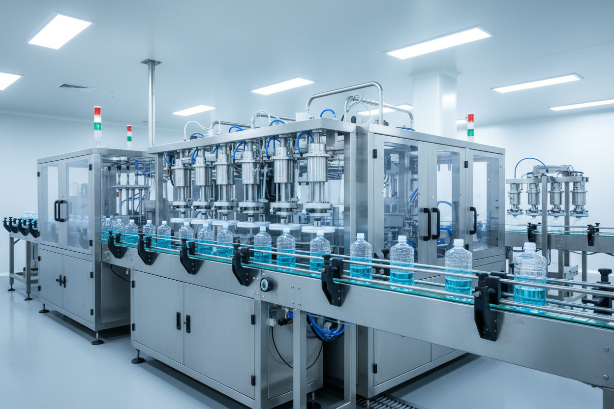 Complete liquid filling and sealing packaging line with piston filler, capping machine, induction foil sealer, and labeling station for bottles