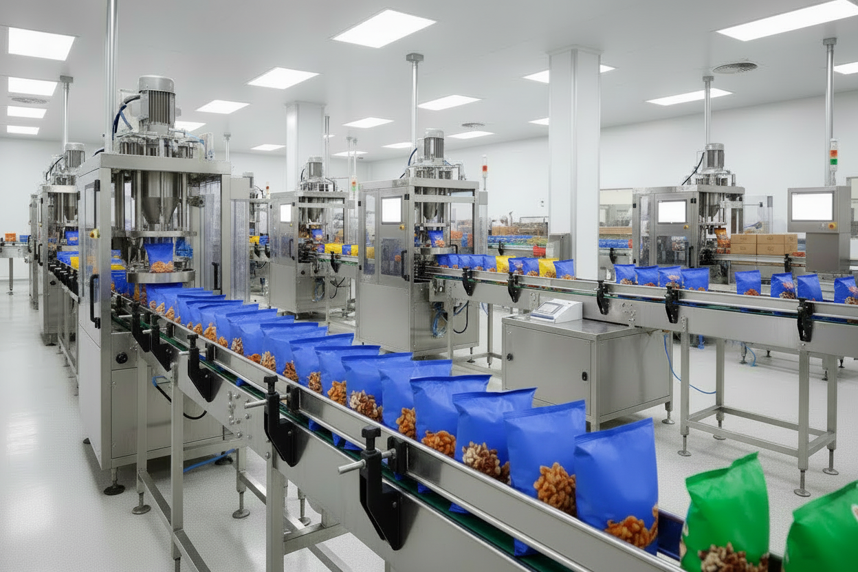 Complete snack packaging line with multihead weigher, VFFS machine, nitrogen flushing, checkweigher, and metal detector for chips, nuts, and puffed snacks
