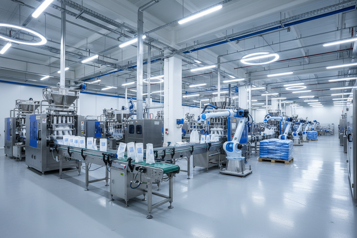 Powder flip blowing machine cleaning empty containers before powder filling on an automated packaging line