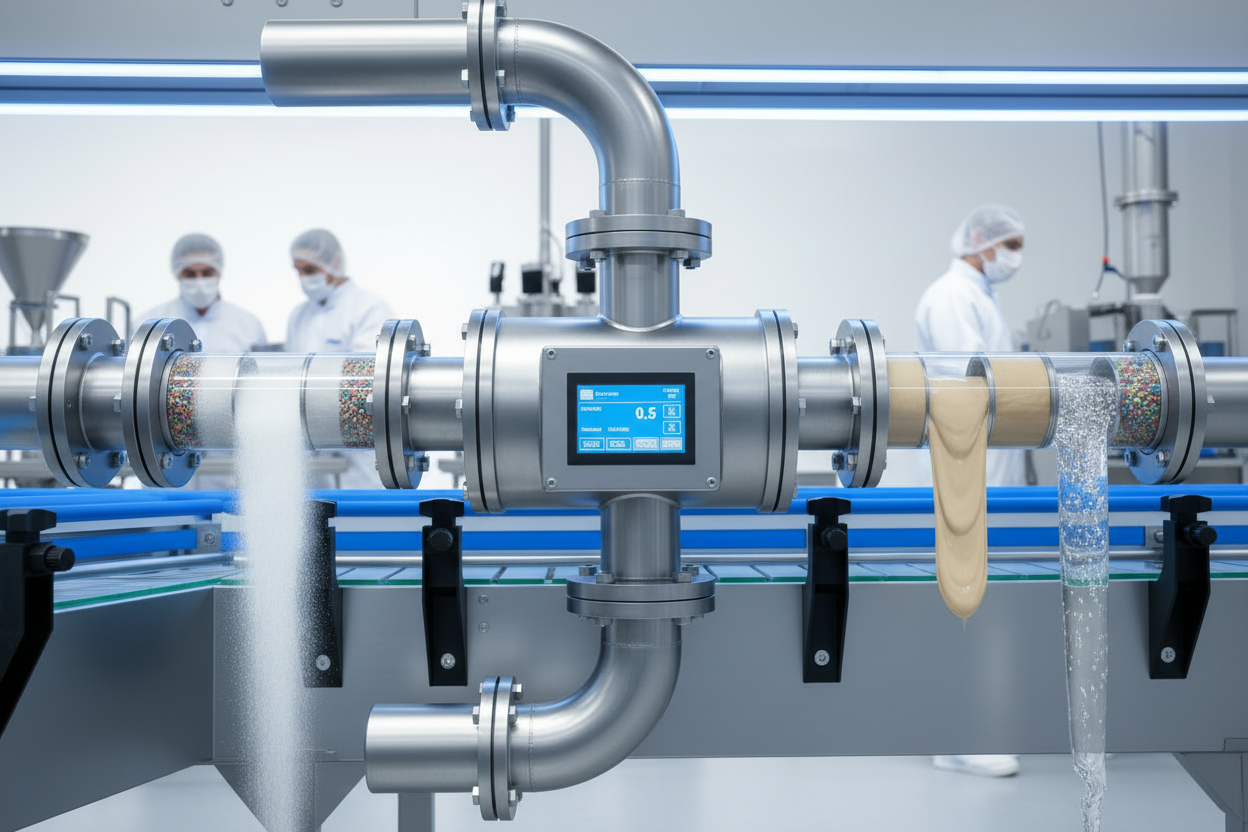 Pipeline metal detector MH200 installed inline for inspecting powders, granules, pastes, and liquids before packaging