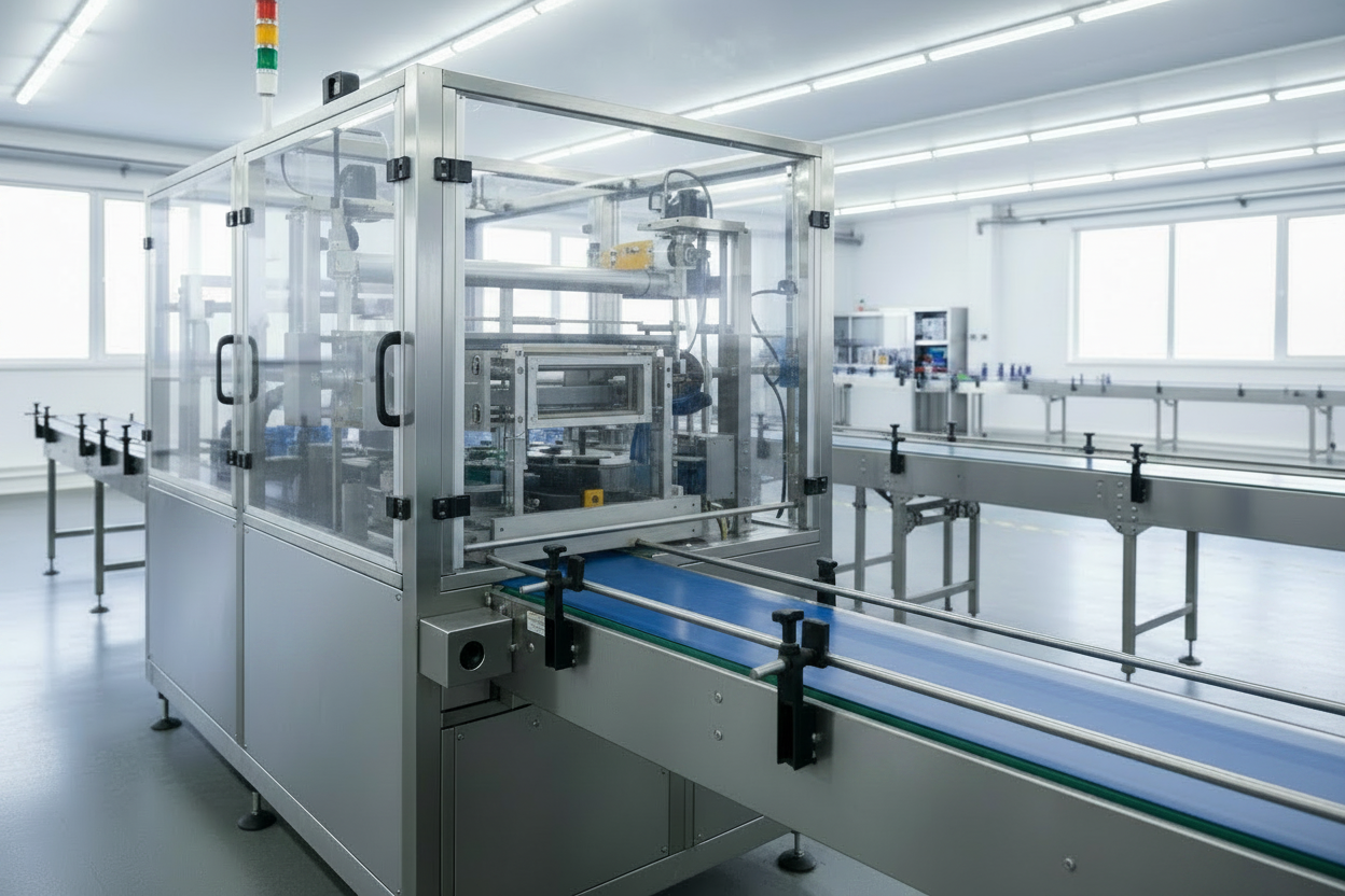 Automatic shrink wrapper bundling water bottles into a 6-pack multi-pack with PE shrink film on a beverage packaging line