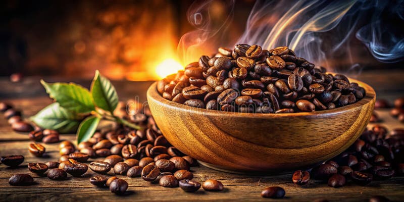 Dark roasted coffee beans filling a light wood bowl, steam rising from the warm beans, scattered beans and a green coffee plant branch on a rustic wooden table, warm amber lighting suggesting a roastery environment