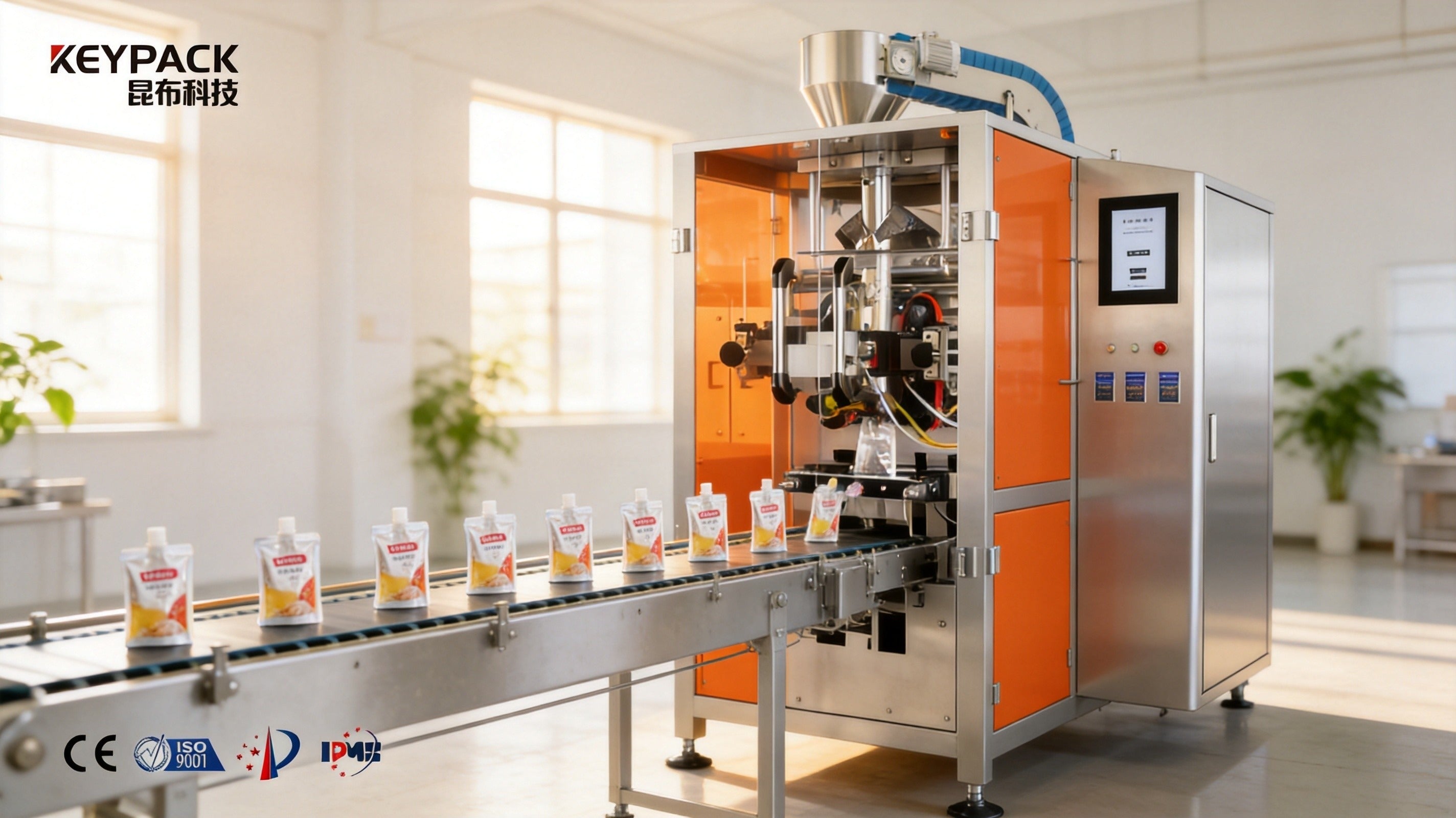 Keypack G420 vertical form fill seal machine in a modern factory, packaging stand-up pouch products on the conveyor belt, CE and ISO 9001 certified