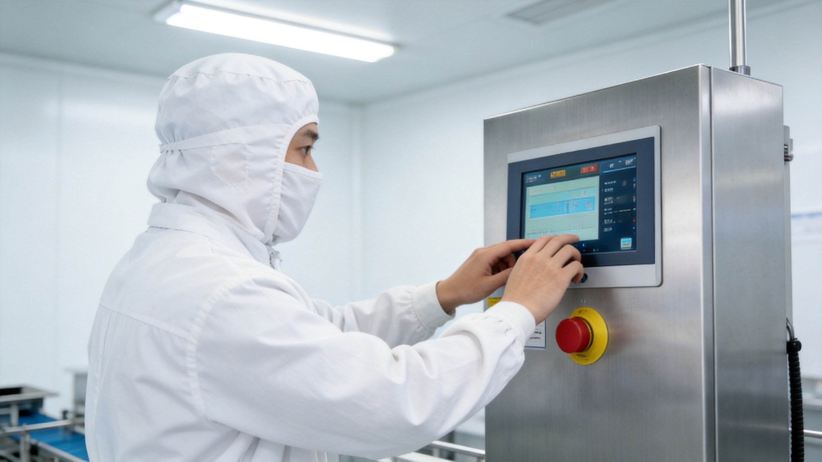 Operator in sterile cleanroom suit operating GMP-compliant packaging equipment with touchscreen HMI in pharmaceutical manufacturing facility