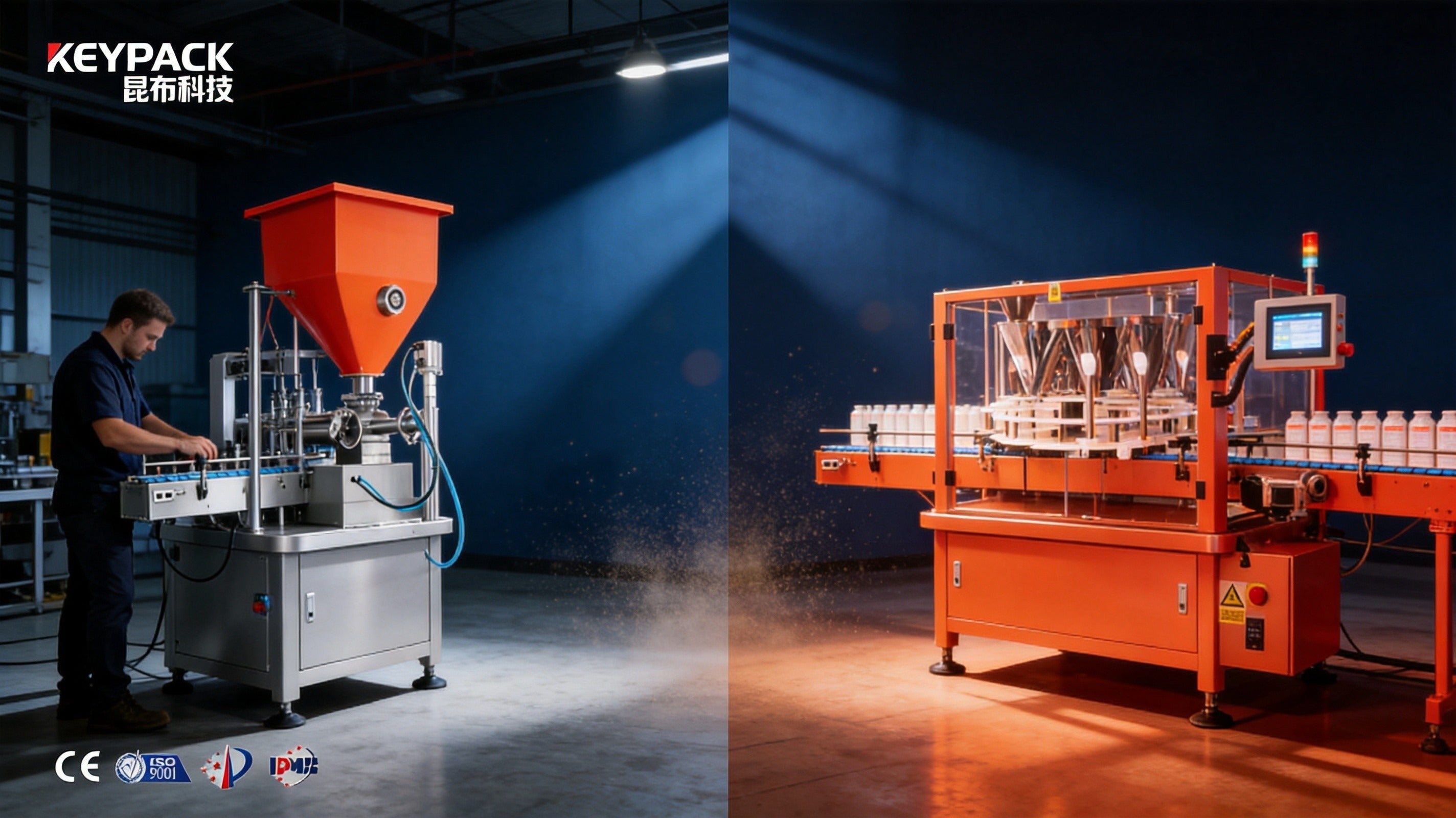 > Keypack Intelligent sauce filling equipment comparison: semi-automatic machine with operator on left, automatic multi-station liquid filling production line with protective enclosure on right