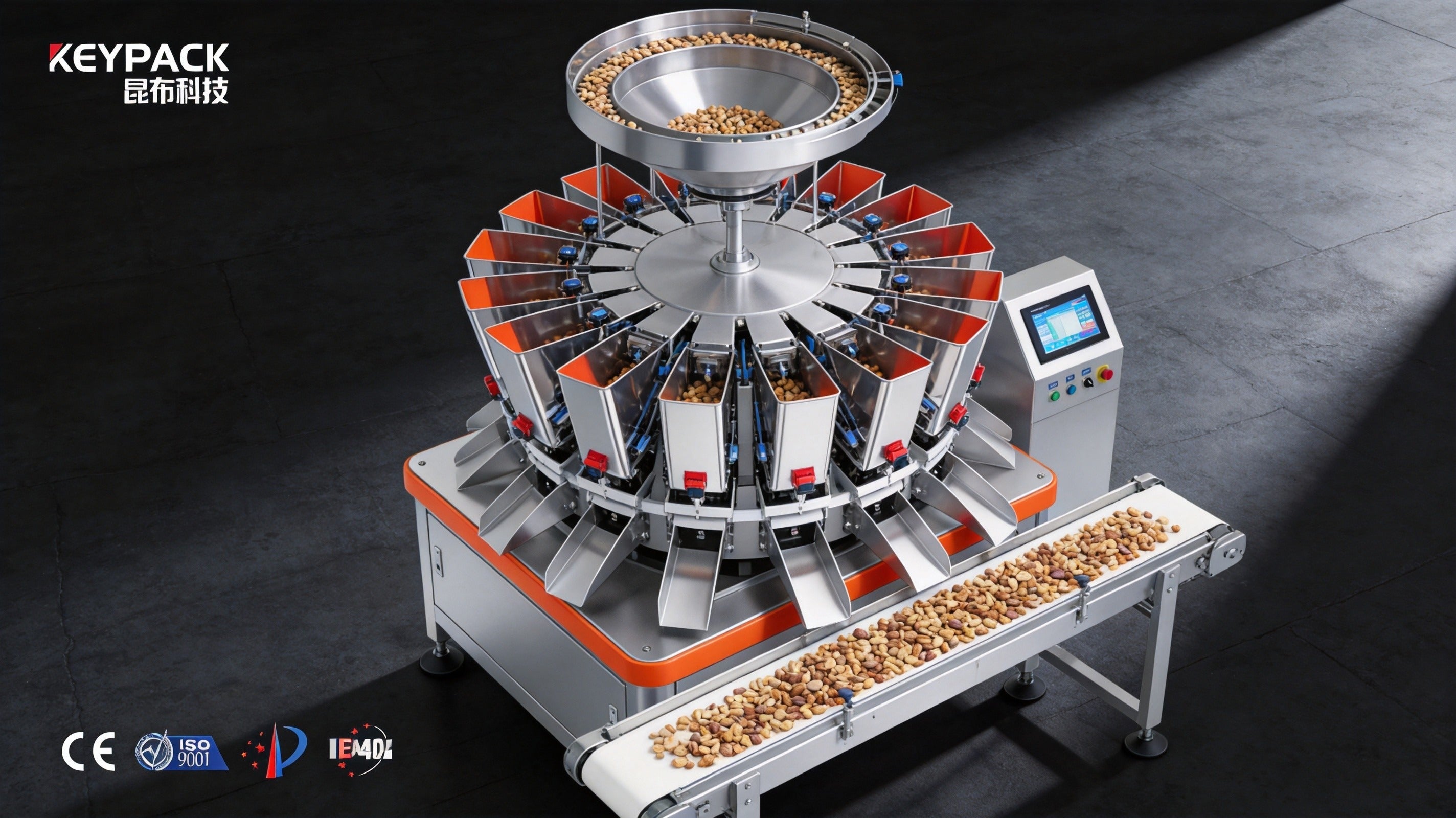 Keypack Intelligent 14-head combination weigher with stainless steel weighing hoppers, mixed nuts on incline conveyor, orange industrial accents
