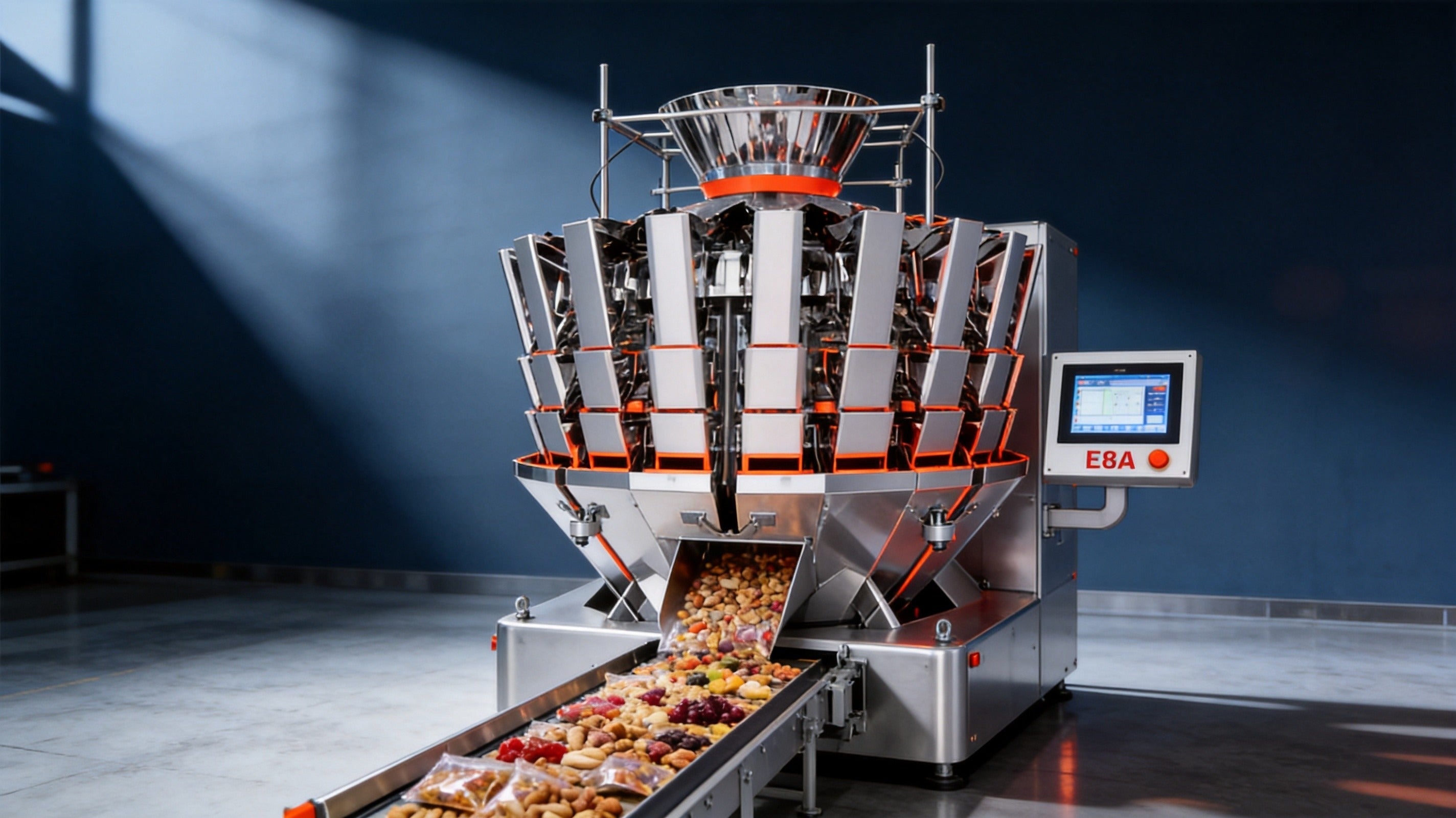 Multihead combination weigher discharging mixed nuts, dried fruits and snack pieces onto conveyor belt. Stainless steel industrial weighing system with touchscreen HMI for snack and nut packaging lines.