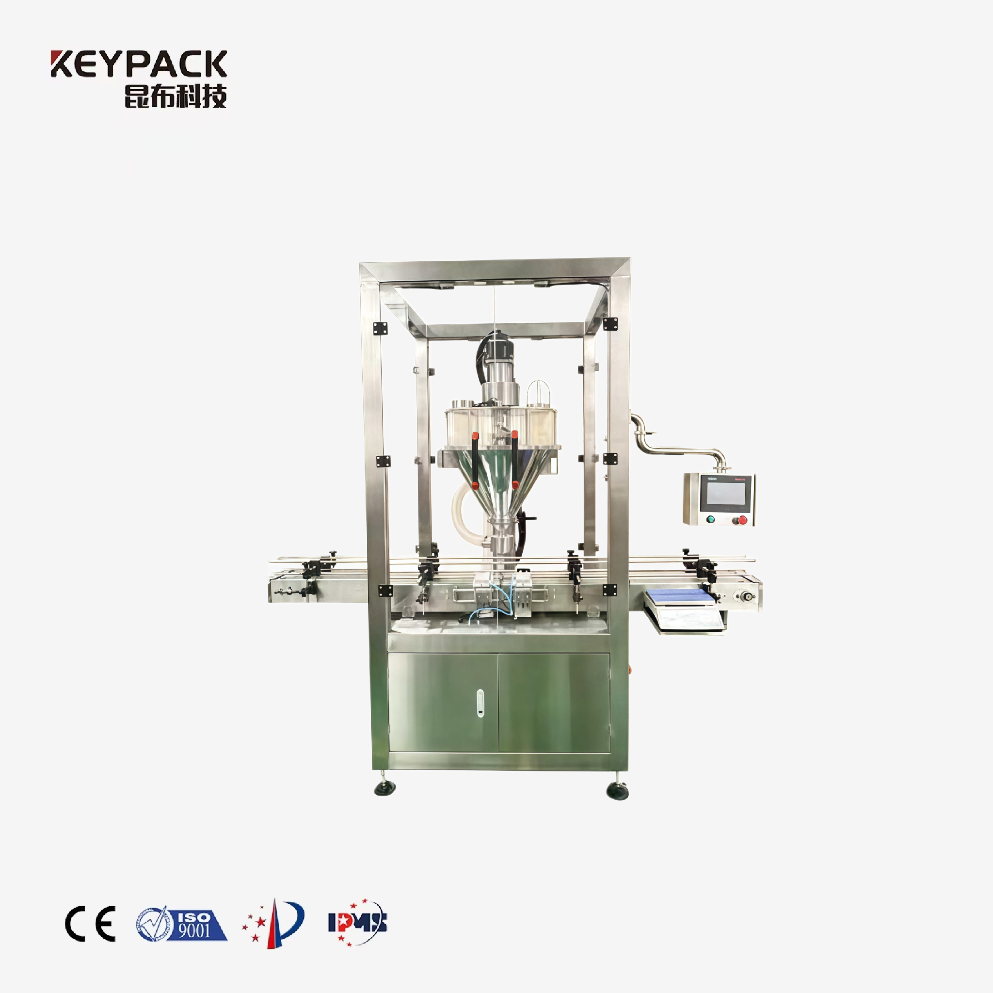Powder single-head linear filling machine with servo-driven auger system for pharmaceutical and food applications.