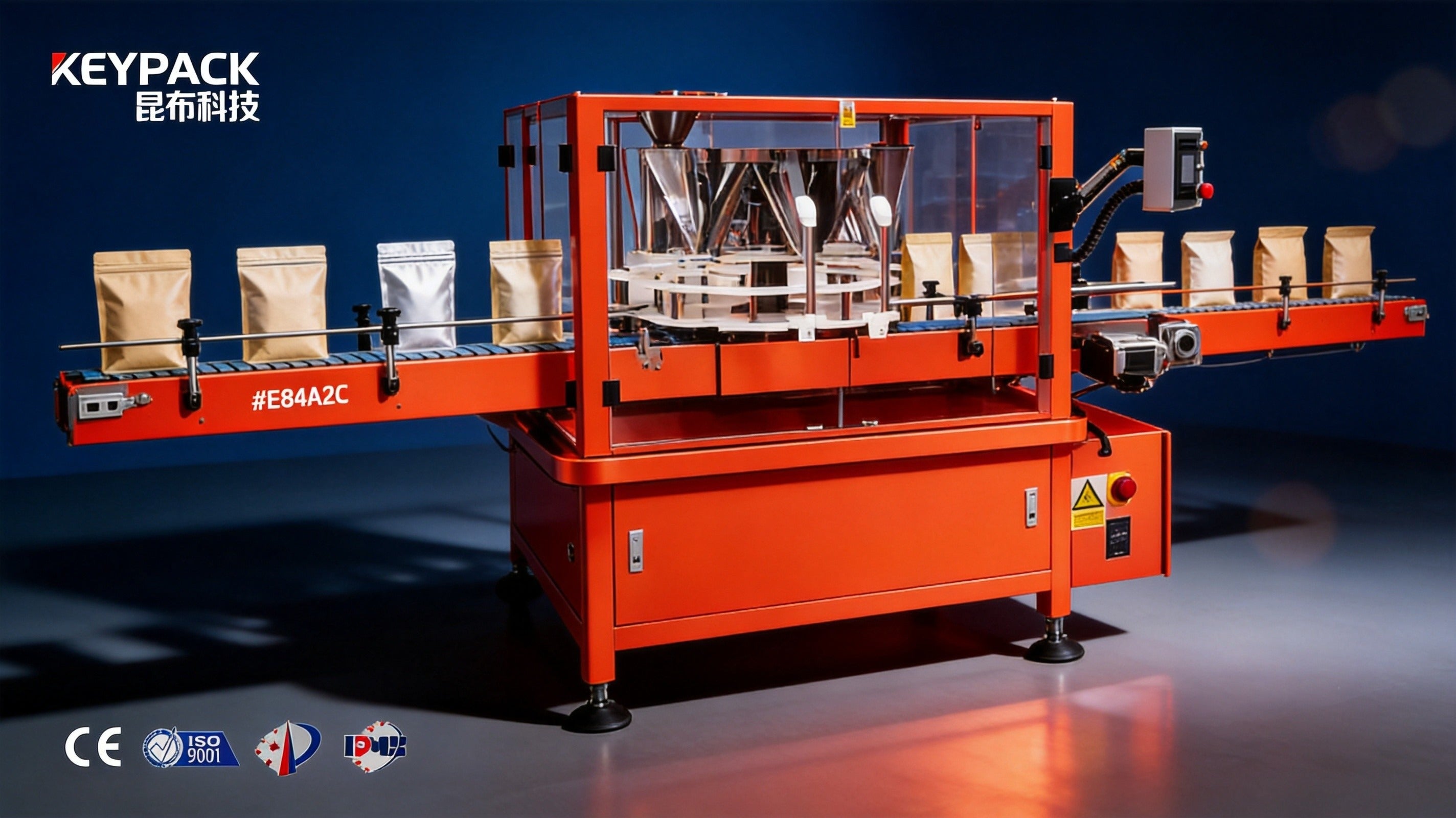Keypack Intelligent automatic pre-made pouch packaging machine with orange-red body, stainless steel hoppers, production line conveyor with filled pouches