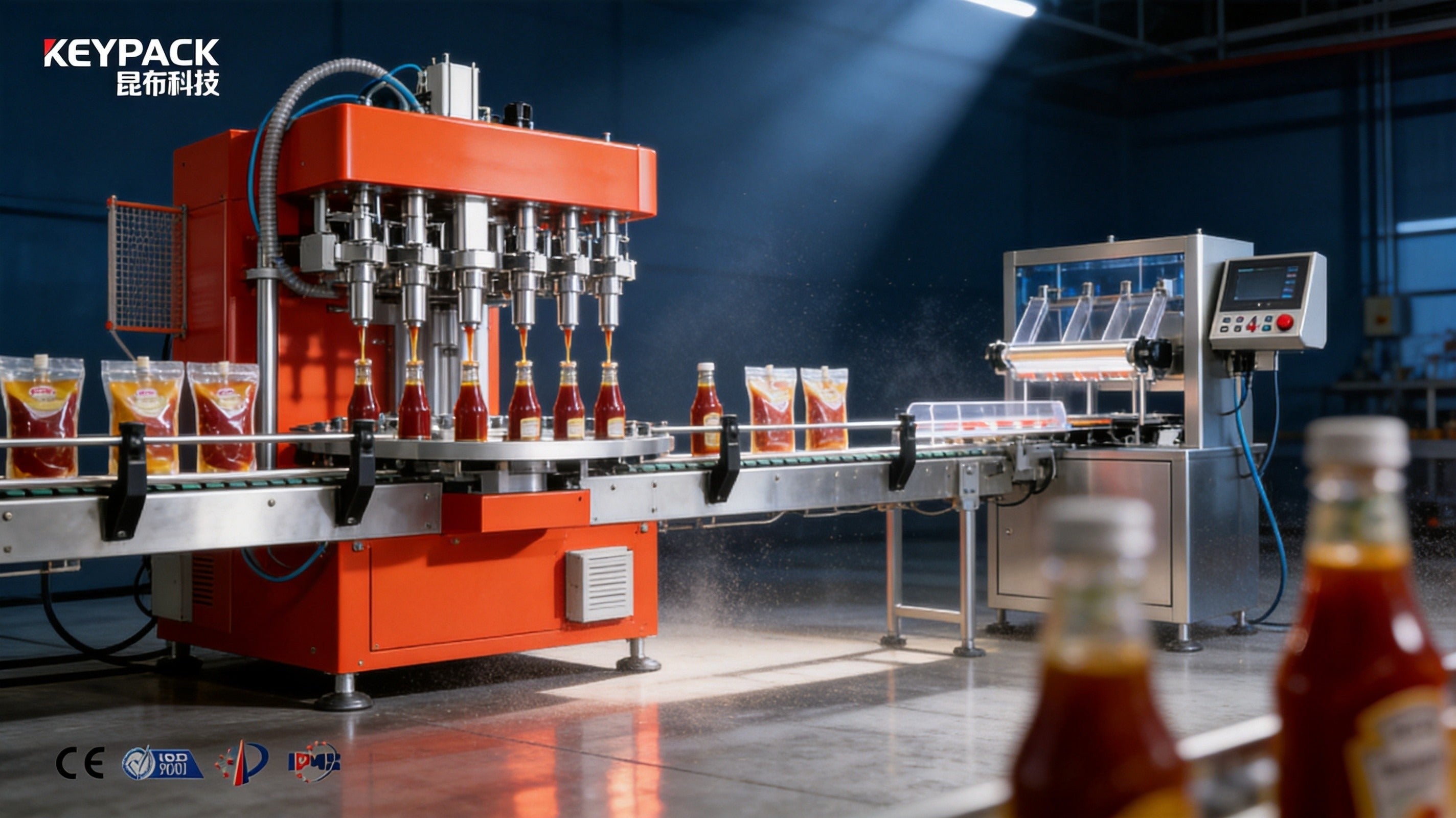 Keypack Intelligent multihead sauce filling production line with 6 filling heads, orange-red industrial equipment, glass sauce bottles on conveyor belt