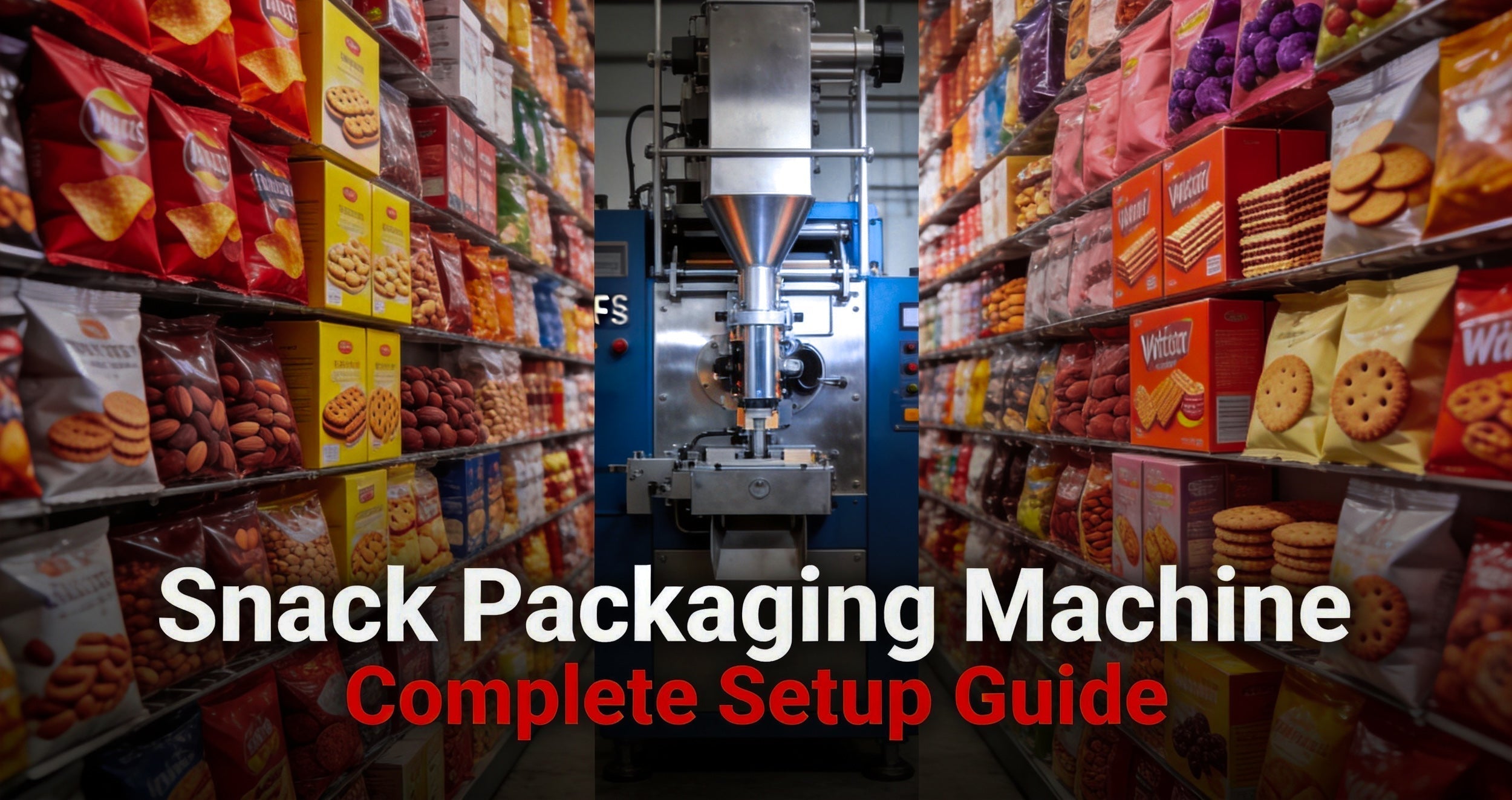 KunbuPack vertical snack packaging machine centered between retail snack shelves. Silver metal hopper with blue outer casing, finished chip bag at discharge outlet. Equipment guide banner