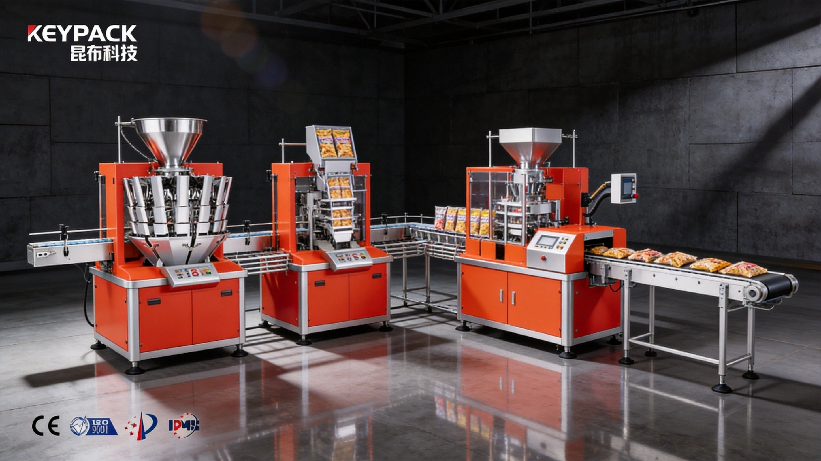 Full automated packaging production line - multihead combination scale, VFFS packaging machine, and end-of-line case packing equipment by Keypack Intelligent