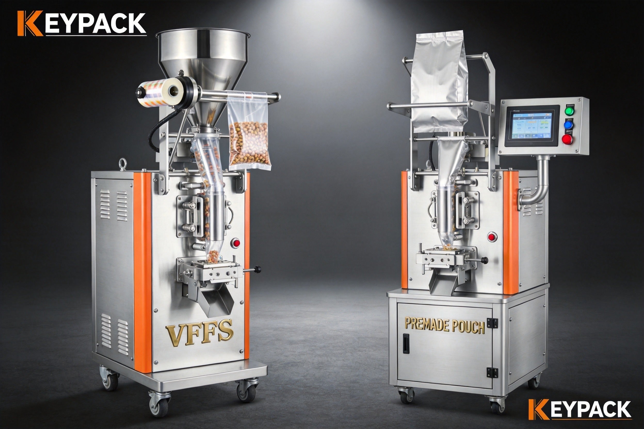 VFFS vs Premade Pouch packaging machines comparison - left shows vertical form fill seal machine, right shows automatic pre-made pouch packaging machine