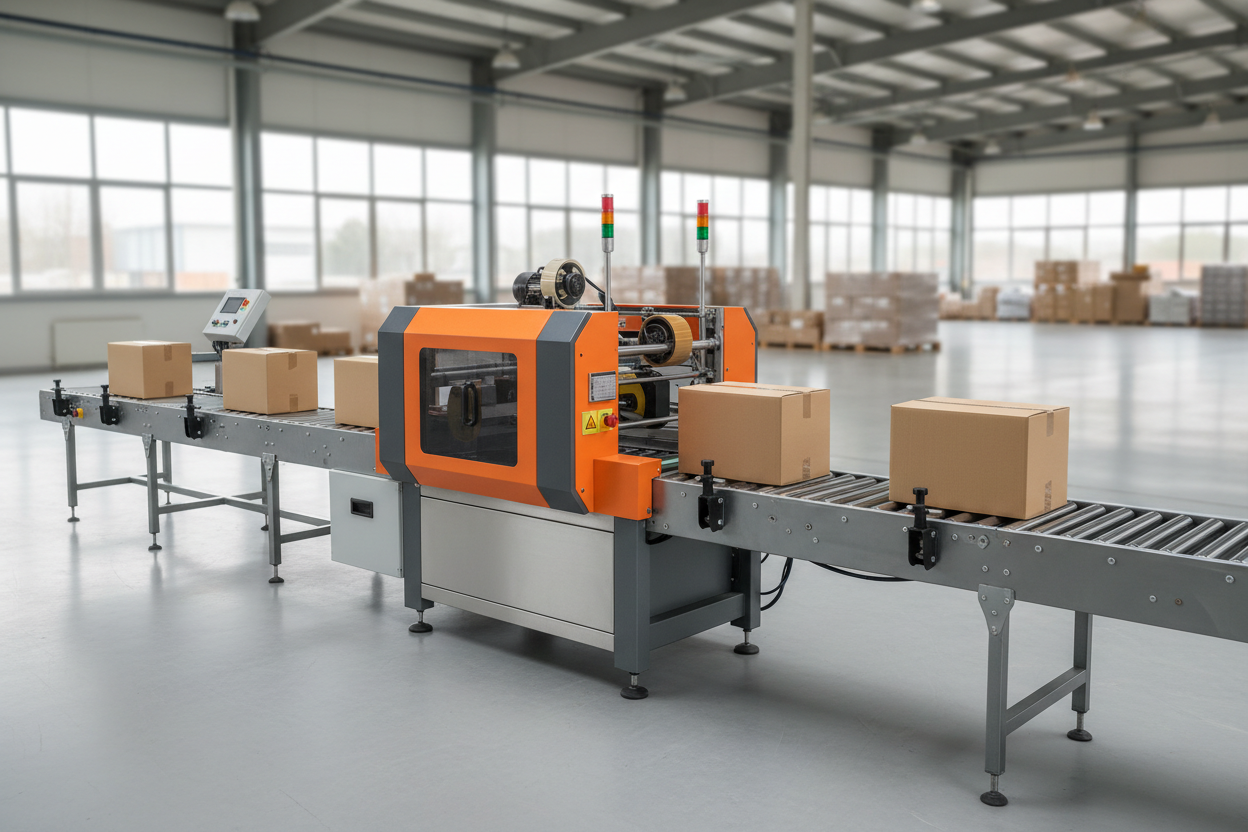 Automatic carton sealer applying tape to corrugated boxes on an end-of-line conveyor in a food packaging facility