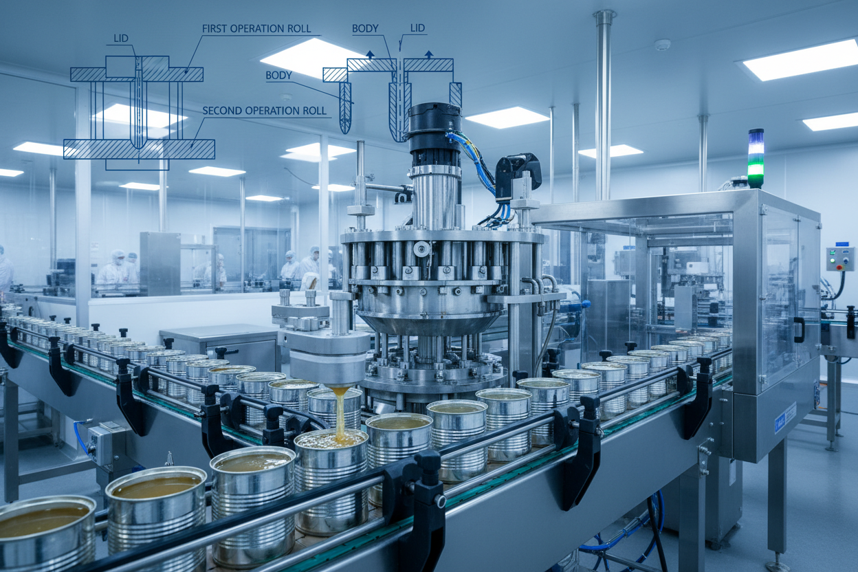 Industrial canning process line showing automated can filling, double seaming, and conveying equipment for food and beverage manufacturing