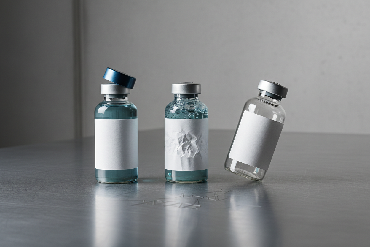 Bottle packaging line showing common problems including loose caps, wrinkled labels, and misaligned label placement on round bottles