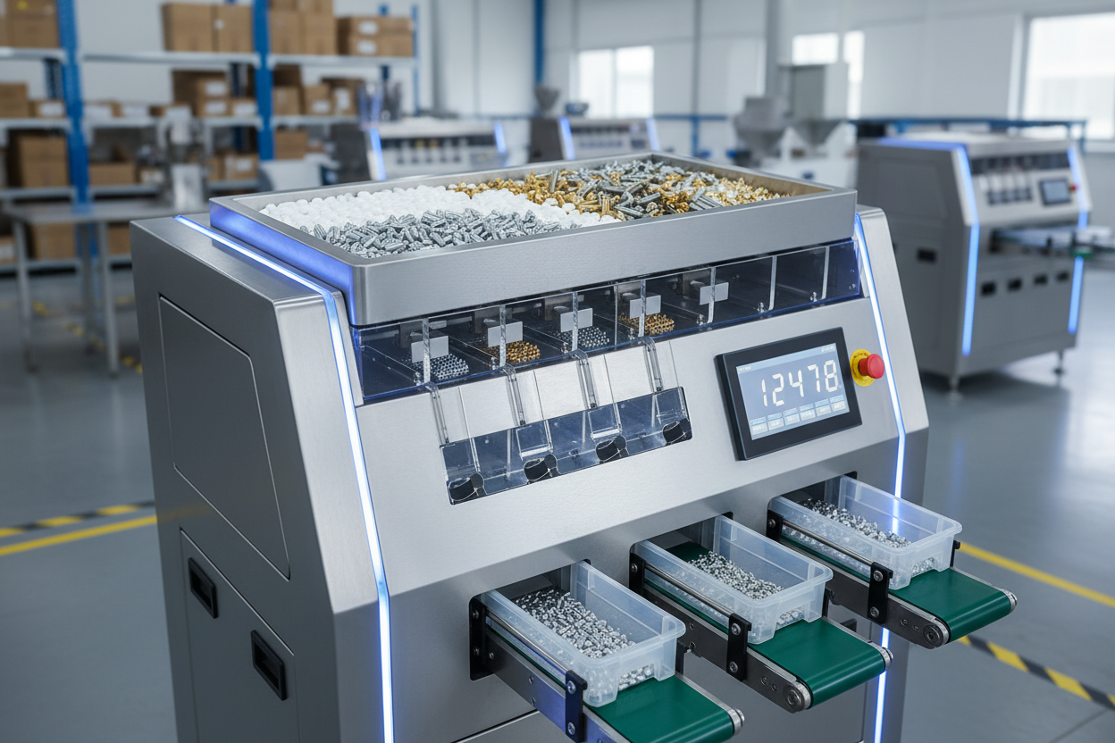 Electronic counting machine with multi-channel vibratory feeding system for accurate tablet, capsule, seed, and small hardware parts counting into bottles