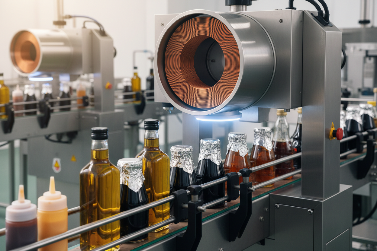 Induction aluminum foil sealing machine SR-3000A sealing bottles of oils, sauces, syrups, and cosmetic products on a packaging line