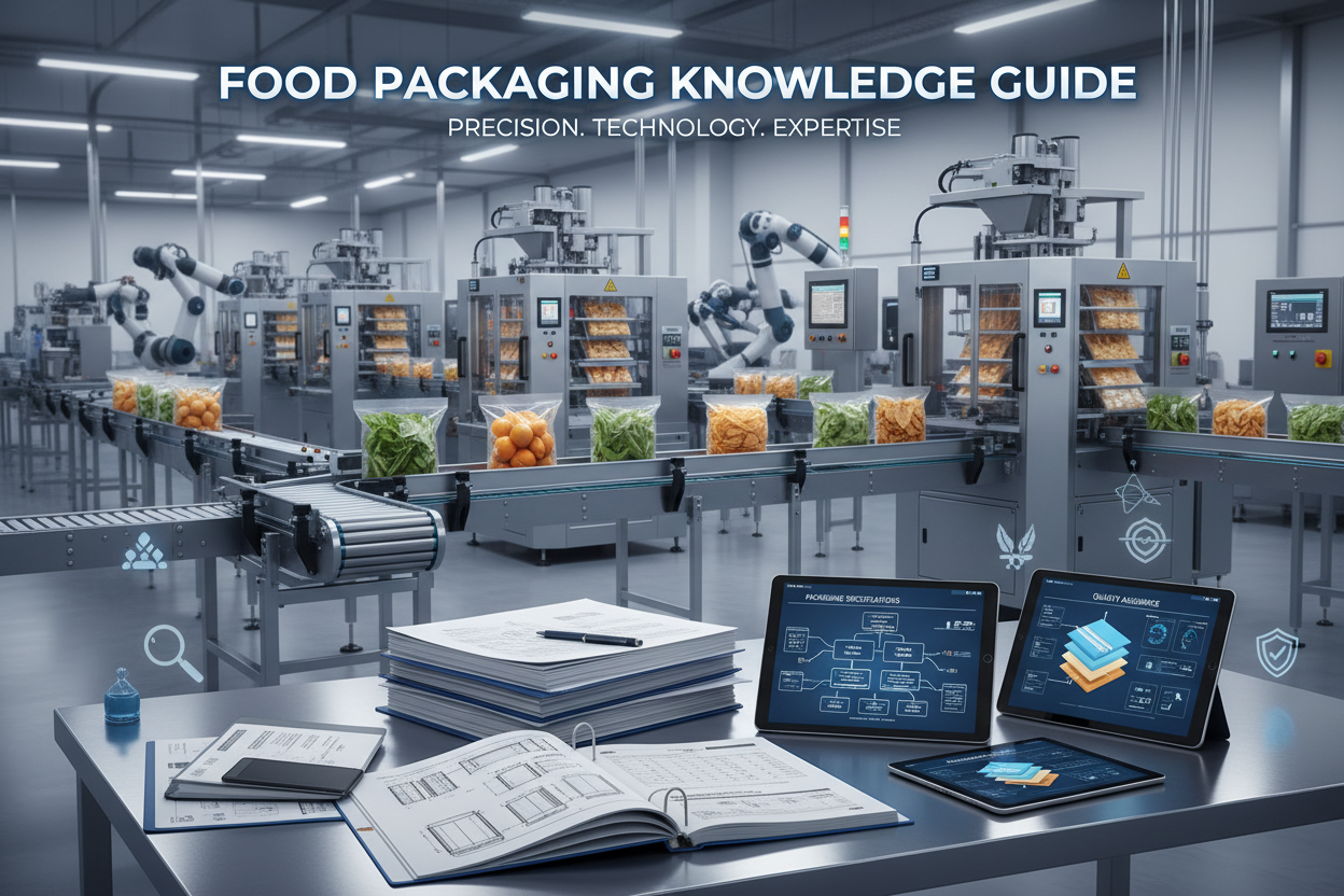 Food packaging knowledge guide — automated packaging line with robotic arms, conveyor system, and quality assurance monitoring tablets.