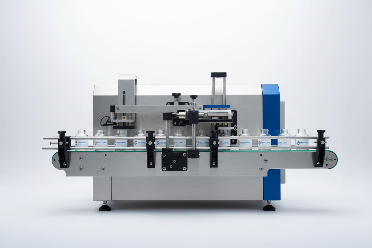 Horizontal round bottle labeling machine applying labels to small cylindrical bottles on a production line