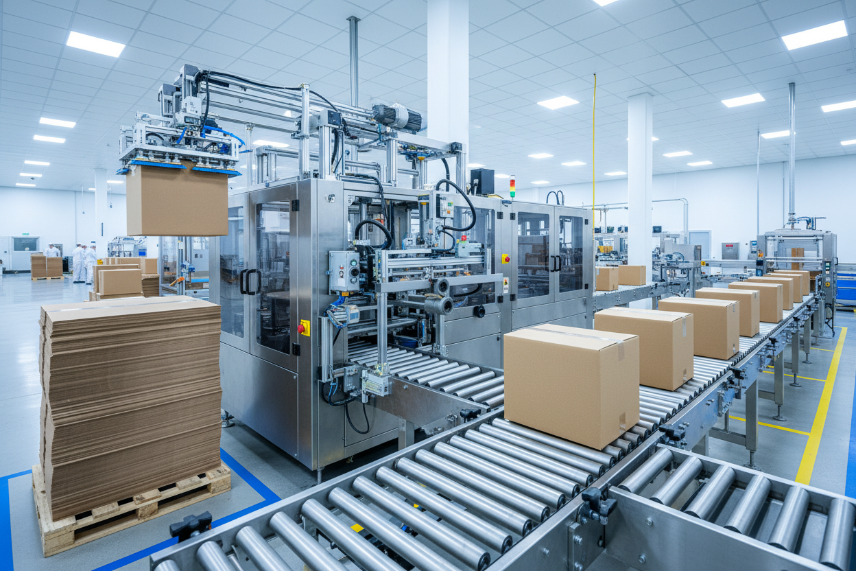 Automatic case erector KB-500 forming corrugated cartons with dual servo motor and pneumatic system for food, pharma, and e-commerce packaging lines — Keypack Intelligent