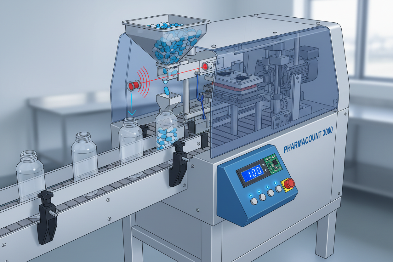Diagram showing how an electronic counting machine works, from photoelectric infrared sensor array to filled bottle — multi-channel tablet and capsule counting system