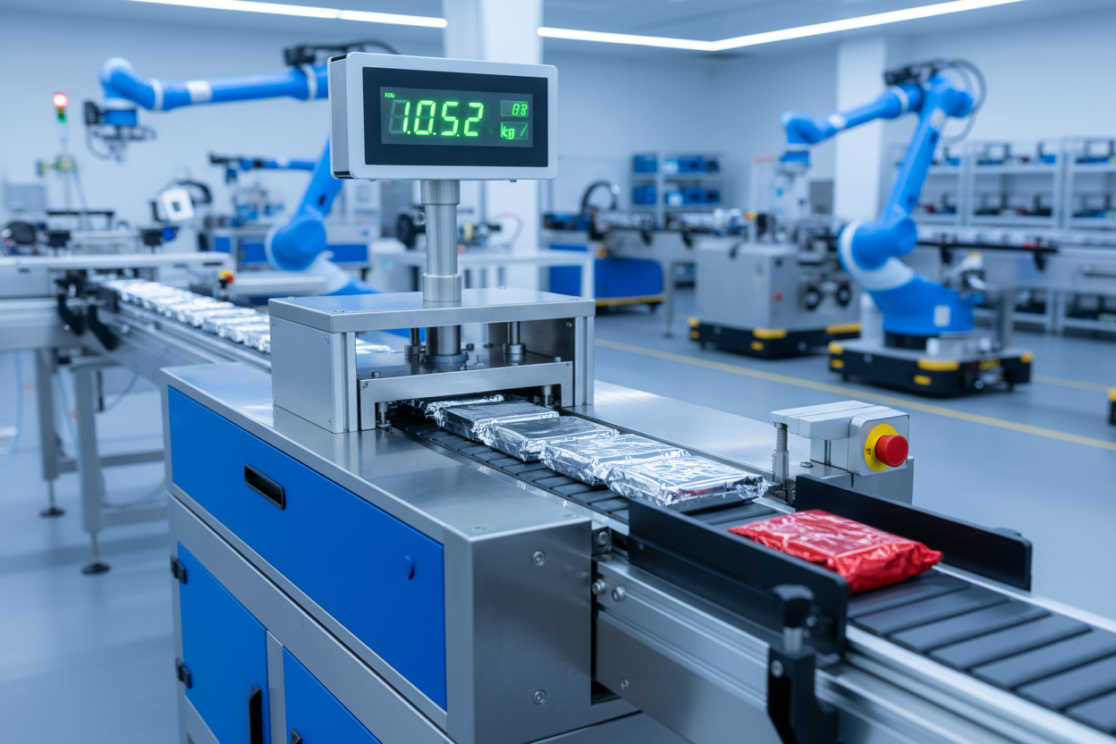 Automatic checkweigher inspecting and rejecting underweight and overweight packs on a food packaging line before shipment