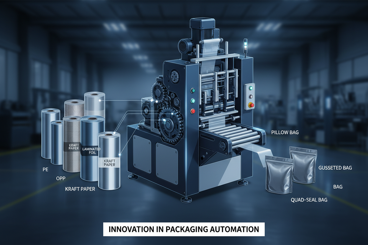 Diagram showing how different material types — powders, granules, liquids, and fragile products — affect VFFS machine selection, filling system, and sealing configuration