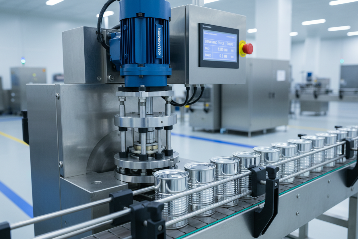 Servo can seaming machine sealing tin and aluminum cans for food, beverage, powder, and chemical packaging lines