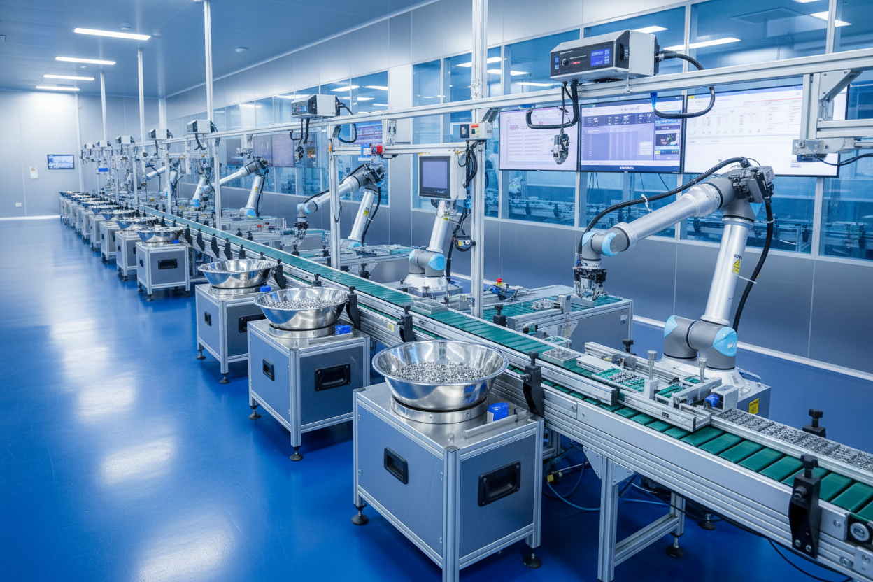 Vibratory bowl feeder automatically sorting and counting small hardware parts including screws, washers, and connectors on a factory packaging line