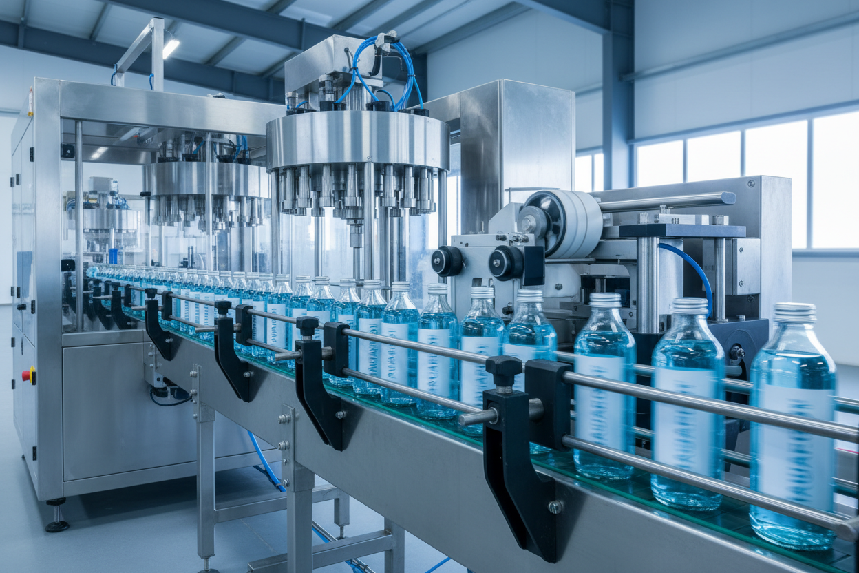 High-speed labeling machine integrated into an automatic bottle packaging line with filling and capping stations