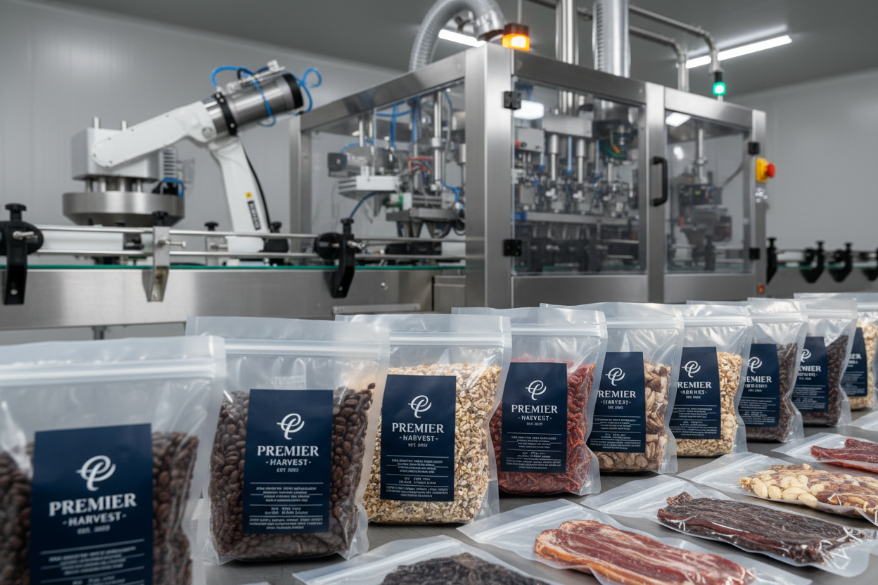 Vacuum premade bag packaging machine sealing food products for extended shelf life