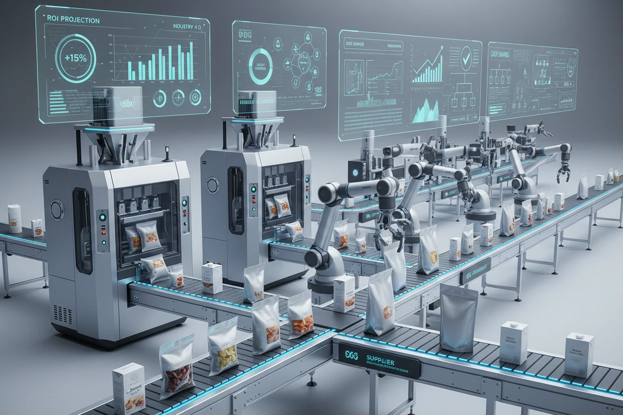 Food packaging automation line with VFFS machine, premade pouch system and robotic arms showing Industry 4.0 ROI dashboard