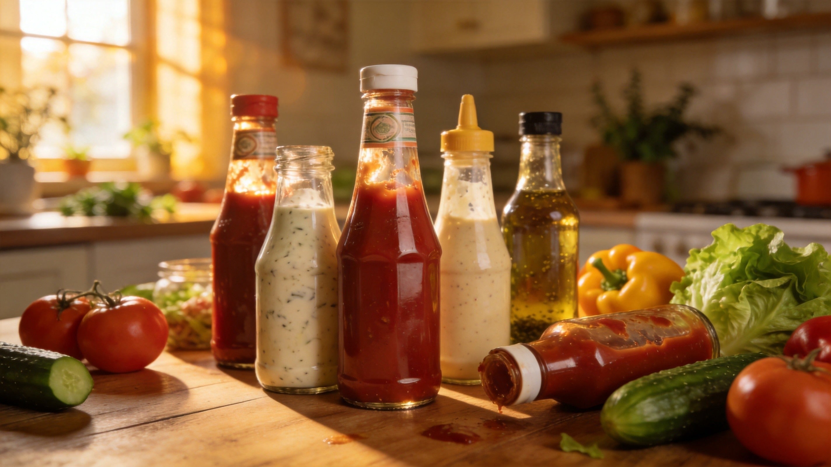 Variety of sauces and condiments in glass bottles with fresh vegetables on a kitchen counter, illustrating hot-fill packaging applications for jam, sauce and paste products