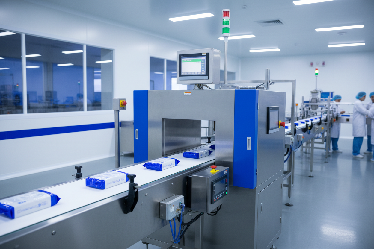 Inline conveyor metal detector JZ-M300 and JZ-M400FB inspecting packaged food, pharmaceutical, and cosmetic products before shipment