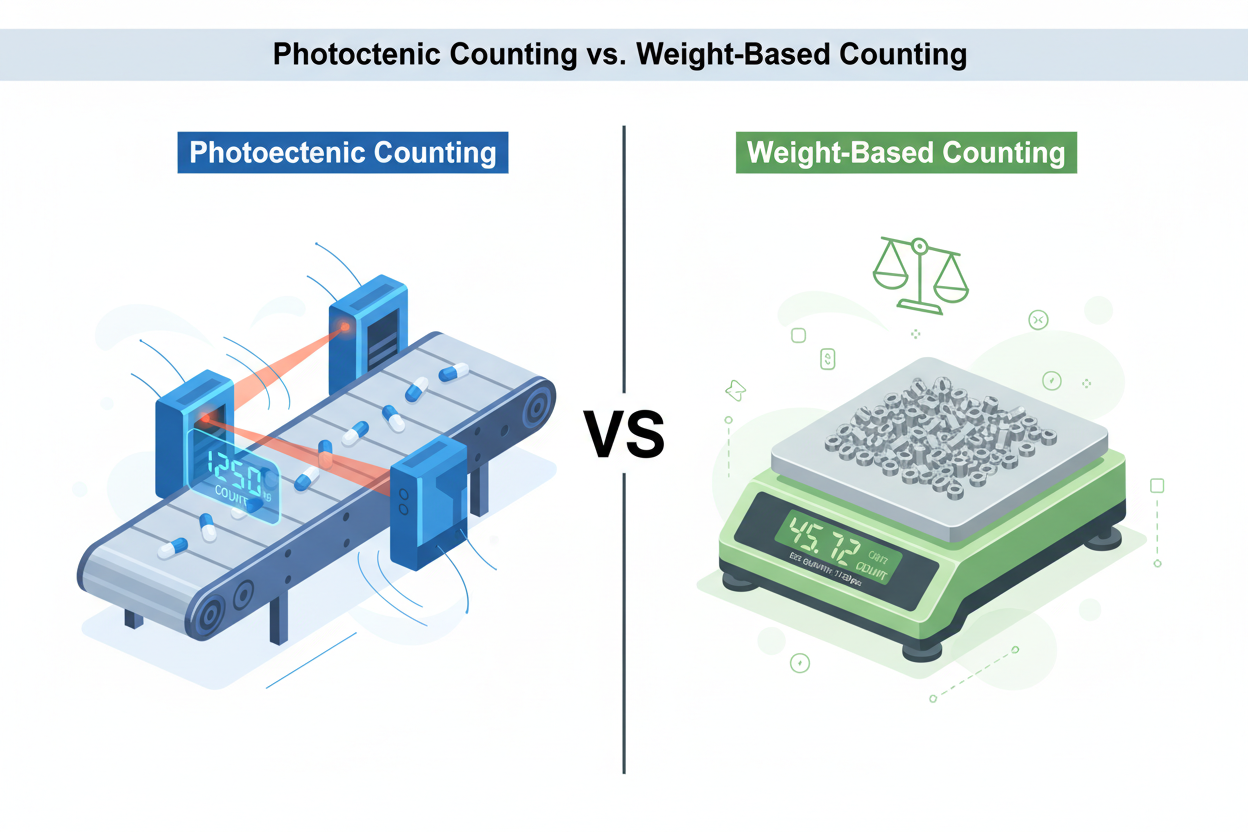 Side-by-side comparison of photoelectric counting machine with infrared sensor array versus weight-based counting scale for pharmaceutical tablet and hardware parts packaging