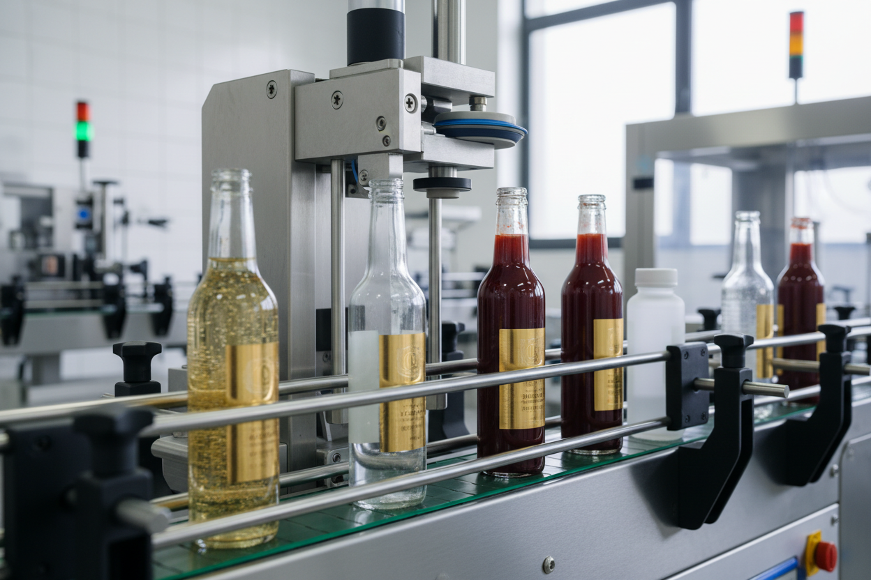 Positioning labeling machine applying aligned self-adhesive labels onto premium cosmetic and sauce bottles on an automatic packaging line