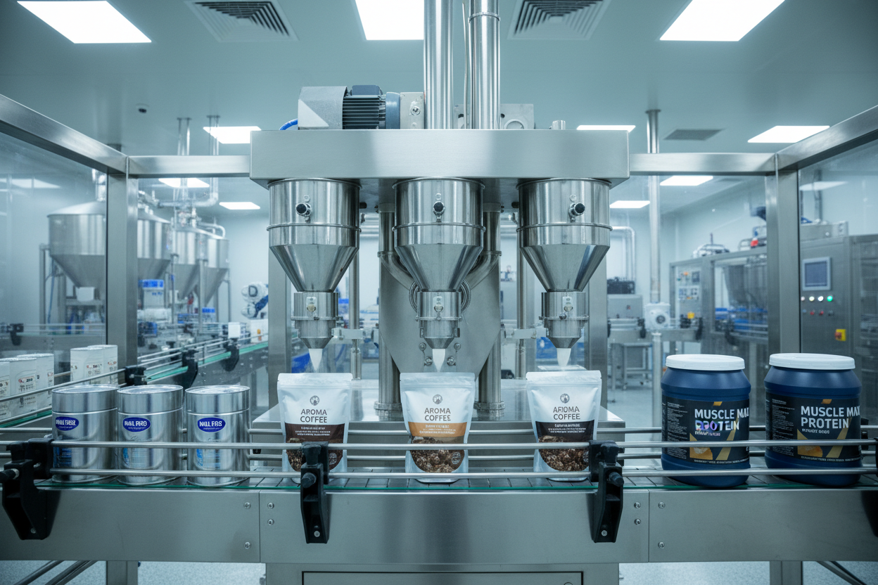 Twin-head rotary powder filler dosing milk powder into cans on an automated bottle and can packaging line