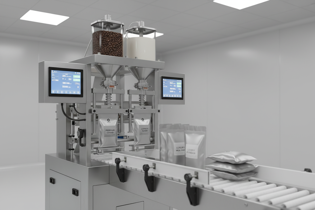 Powder packaging machine setup showing auger filling system, dust control, and heat sealing configuration for coffee and milk powder vertical packaging lines